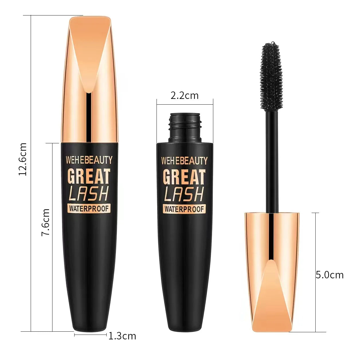 4D Eyelash Mascara Bottle Open Brush and Dimensions shown as width length and height of bottle